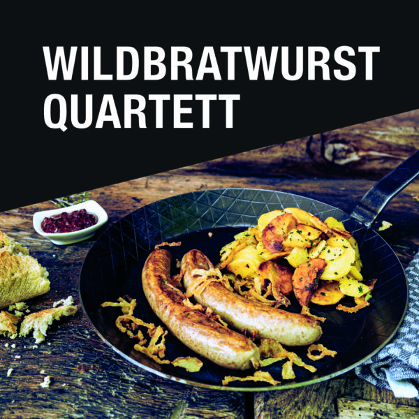 Wildbratwurst-Quartett mit vier Wurstsorten: Bratwurst, Merguez, Käsegriller und Chorizo Cheddar auf Holzbrett mit Kräutern