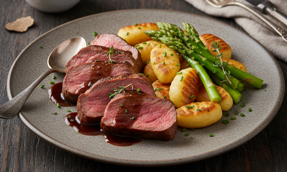 Hirschfilet mit Trüffeljus, Gnocchi und grünen Spargelspitzen elegant auf einem Teller angerichtet