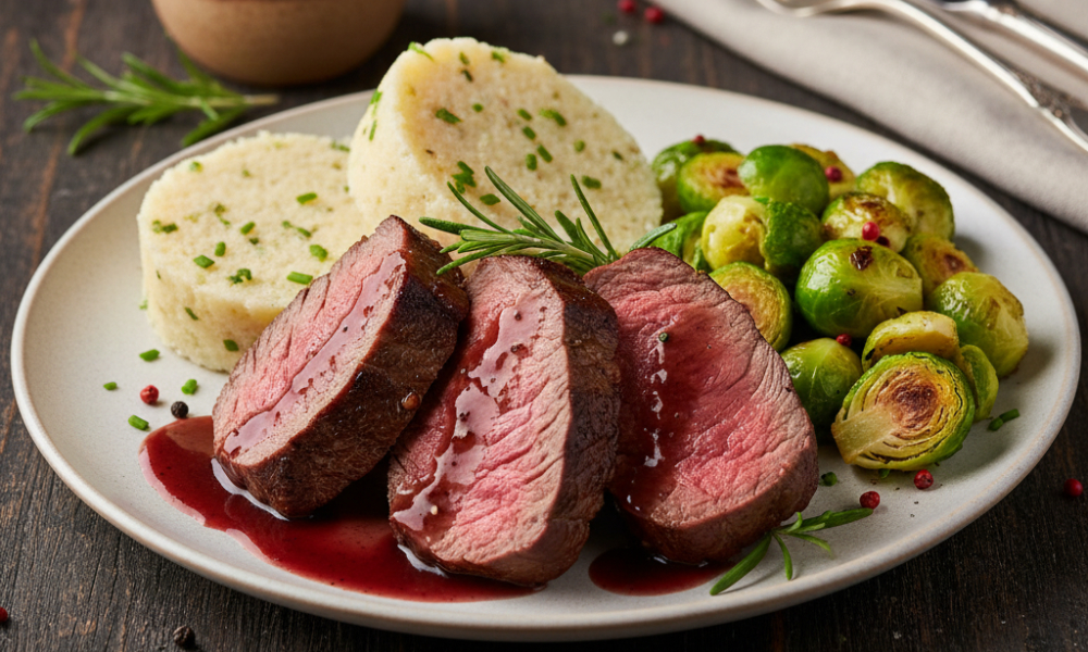 Hirschrücken mit Rotwein-Jus, Serviettenknödel und gebratenem Rosenkohl auf Teller angerichtet
