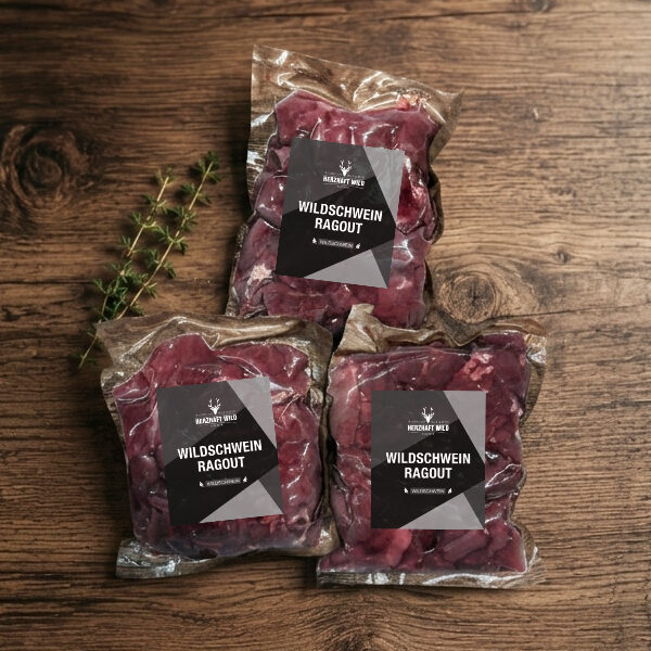 Wildschweinragout 3 x 1 kg im Vorteilspaket für Schmorgerichte, Wildgulasch und herzhafte Wildküche