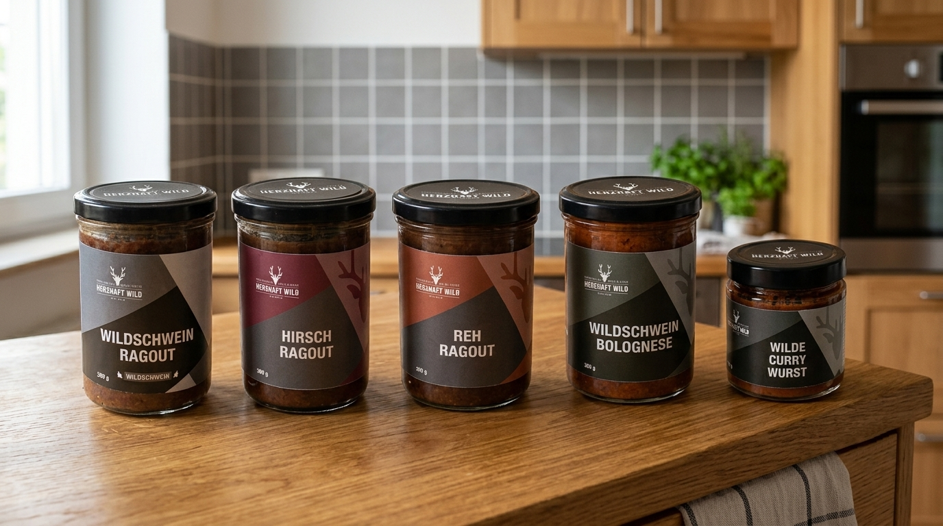 Wild Küche Genusspaket mit vier Gläsern: Rehragout, Hirschragout, Wildschweinragout, Wildschweinbolognese und Wilde Currywurst von Herzhaft Wild