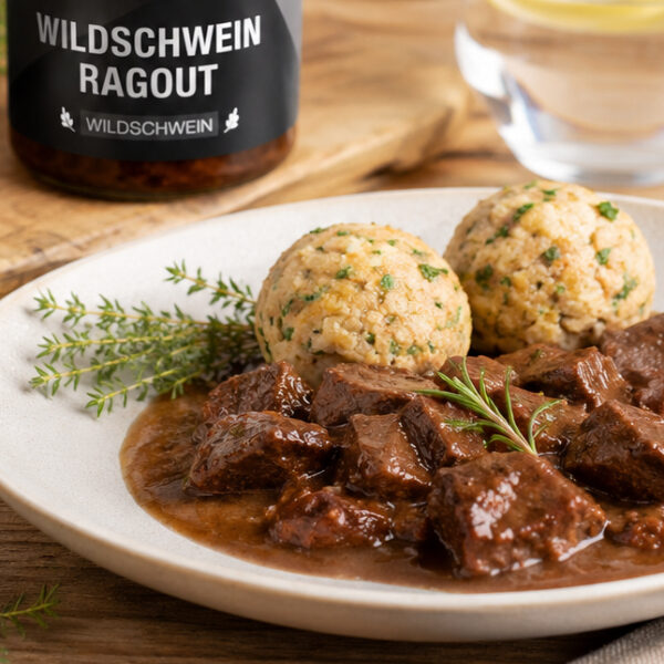 Wildschweinragout genussfertig im Glas mit zart geschmortem Wildschweinfleisch in aromatischer Sauce